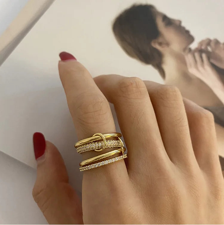 Brass AAA Zircon Multi Color Link Chain Rings Women Jewlery Designer T Show Club Cocktail Party Rare Japan Korean INS
