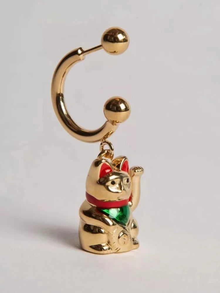 Brass With 18k Gold Adorable Maneki Neko Drop Earrings Women Jewelry Party Boho T Show Gown Runway Rare Korean Japan Stuning