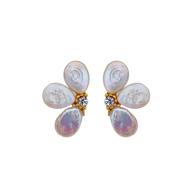 Brass With 18K Gold Zirconia Natural Pearl Flower Stud Earrings Women Jewelry Punk Party T Show Gown Runway Korean Japan INS