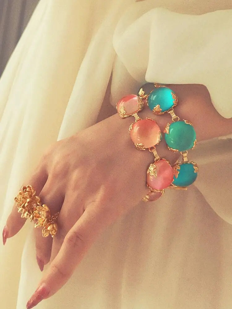 Brass Colorful Chunky Glass Crystal Beads Bracelet Women Men Lover Jewelry Designer T Show Runway Gown INS Japan Korean