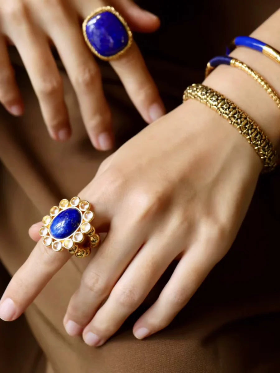 Brass Rhinestoned Natural Blue Stone Ring Punk Gothic Party Designer Club Cocktail Party Gown Amazing Gift Trendy Top Jewelry