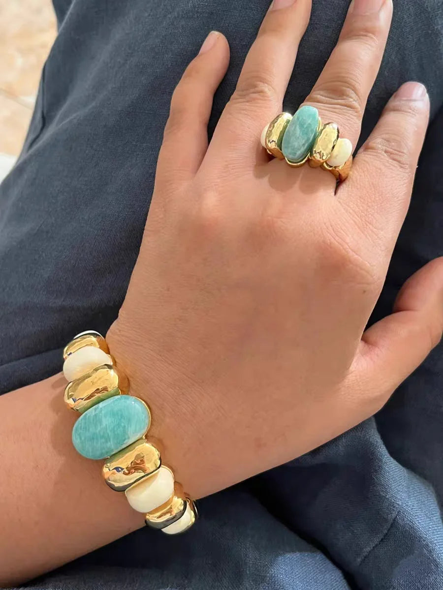 Brass With 18K Statement Chunky Natural Stone Wide Bangle Women Jewelry Designer T Show Runway Gown Rare INS Japan Korean Trendy
