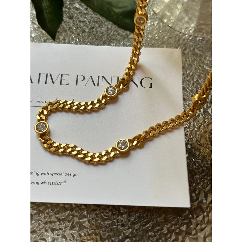 Brass Simply Rhinestoned Cuban Choker Necklace Women Jewelry Designer T Show Runway Gown Rare INS Japan Korean Trendy