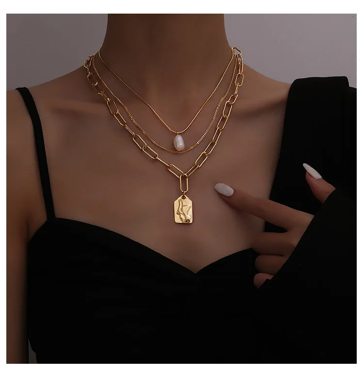 Titanium With 18K Gold Geo Chained Statement Necklace Women Jewelry Designer T Show Runway Gown Rare INS Japan Korean Fashion