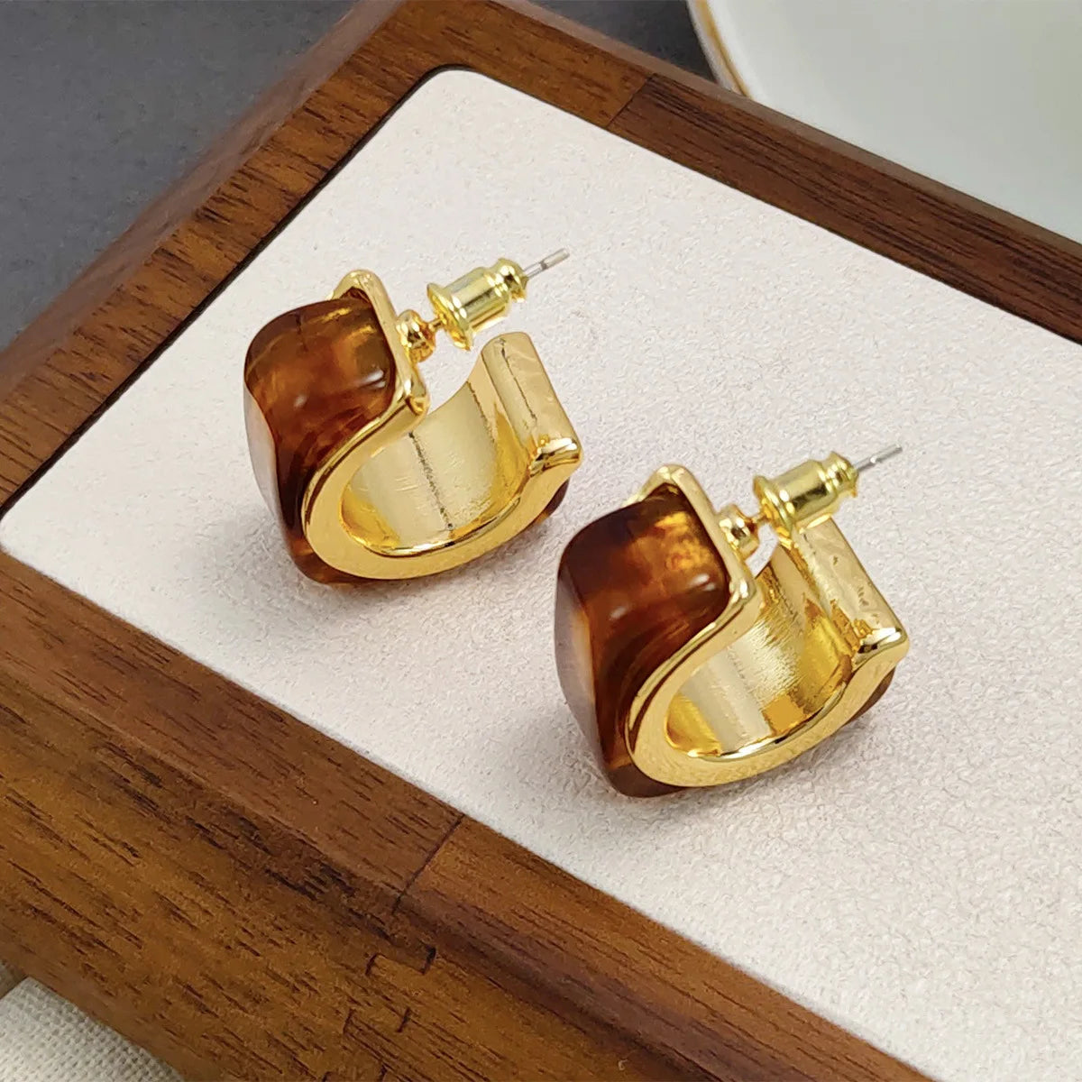 Brass With 18K Gold Square Brown Resin Hoop Earring Women Jewelry Punk Designer Club Cocktail Party Boho Japan Korean