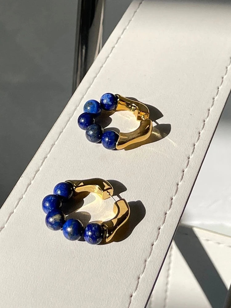 Brass With 18K Real Gold Natural Beads Hoop Earrings Women Jewelry Party Boho T Show Gown Runway Rare Korean Japan INS