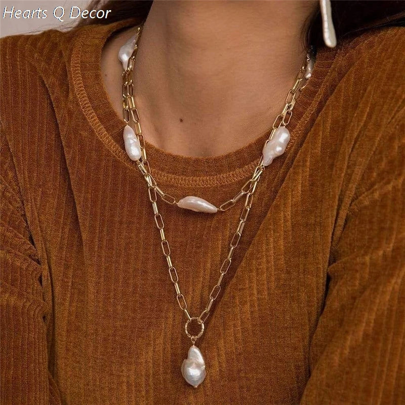 Brass Irregular Freshwater Baroque Pearl Chain Necklace Punk Statement Designer T Show Runway Gown Sweety Boho Amazing Jewelry