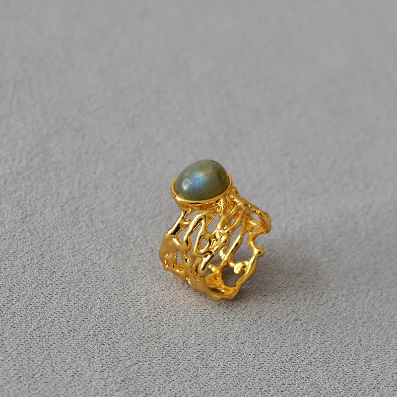 Brass With 18K Natural Stone Stackable Ring Women Jewelry Punk Style Designer Club Cocktail Party Gown Trendy Boho Korean Japan