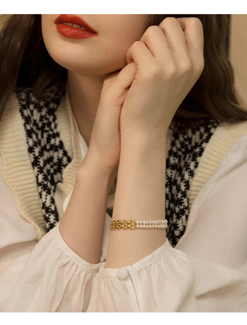 Brass With 18K Real Layered Baroque Pearl Watch Band Bracelet Women Jewelry Punk Party T Show Gown Runway Korean Japan Style