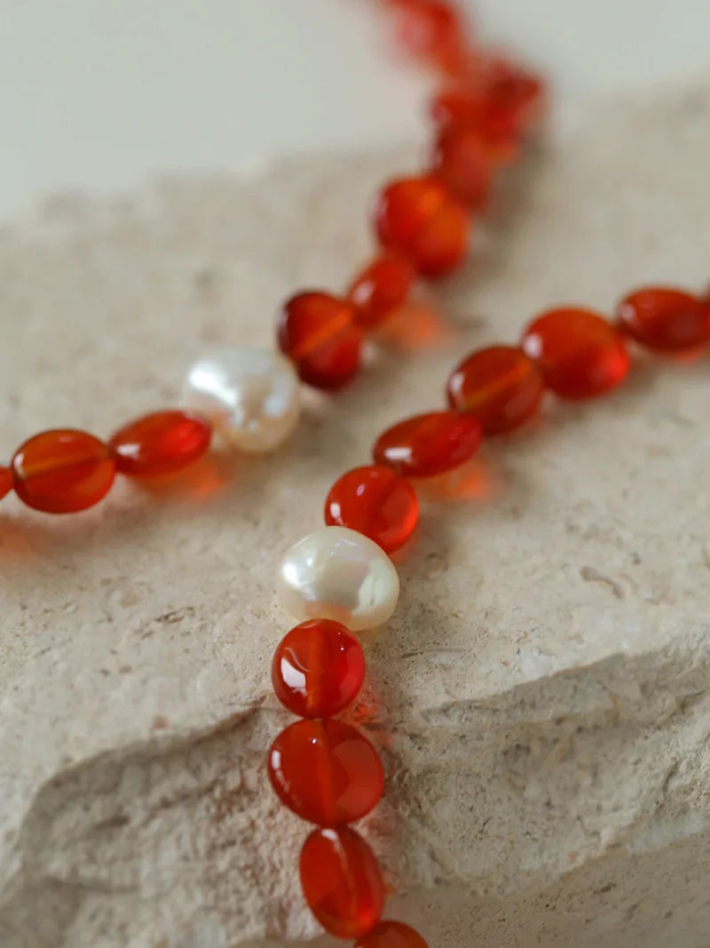 Brass Natural Red Jade Freshwater Pearl Beads Necklace Women Jewelry Punk Designer Runway Rare Gown Boho Japan Korean