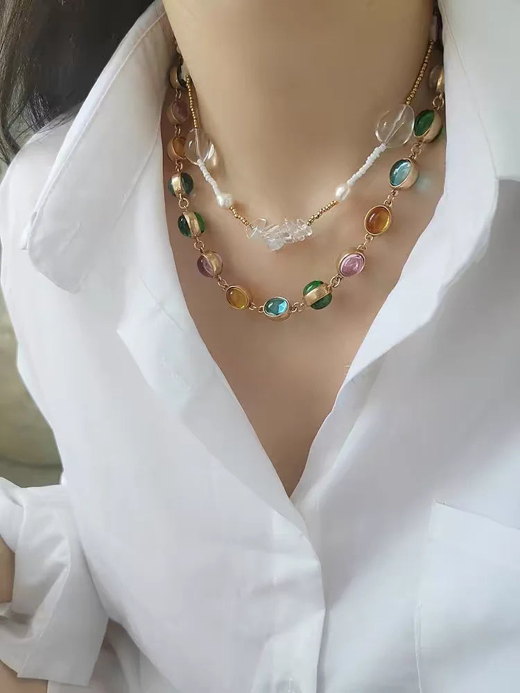 Brass With 18K Colorful Glass Beads Choker Necklace Women Jewelry Designer T Show Runway Gown Rare Glam Japan Ins Glam Boho