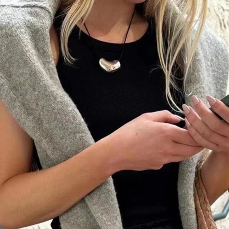 Brass Rope Chain Big Irregular Heart Pendant Necklace Women Jewelry Punk Designer Runway Rare Gown Boho Japan Korean