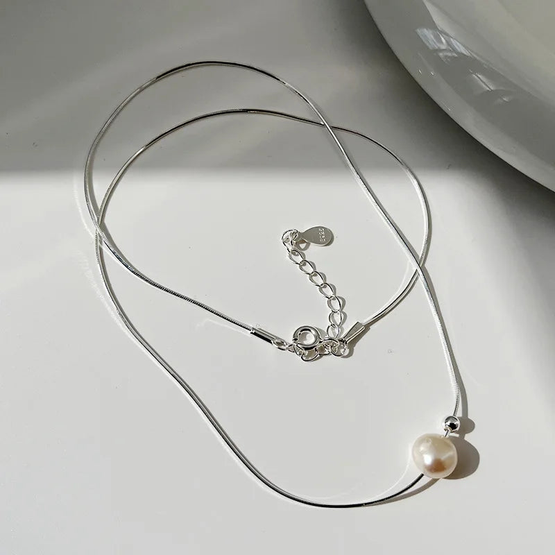Pure 925 Sterling Silver Snake Chain Baroque Pearl Beads Necklace S925 Designer T Show Runway Gown Rare INS Japan Korean