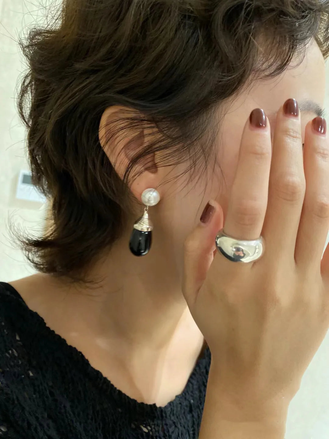 Brass Natural Pearl Black Jade Drop Earrings Women Jewelry Punk Party T Show Gown Runway Korean Japan INS