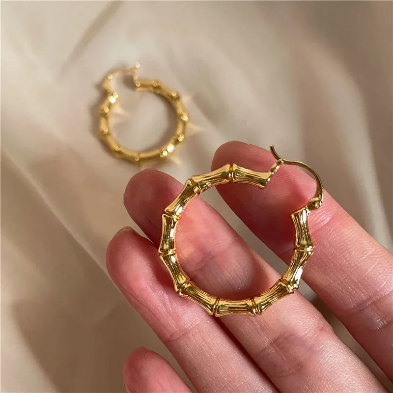 Brass With 18k Gold Bamboo Round Statement Earrings Women Jewelry Party T Show Gown Runway Rare Korean Japan Trendy INS Boho