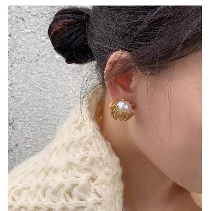 Brass With 18K Retro Faux Pearl Ball Earrings Women Jewelry Punk Party T Show Gown Runway Trendy Korean Japan Israel Style INS