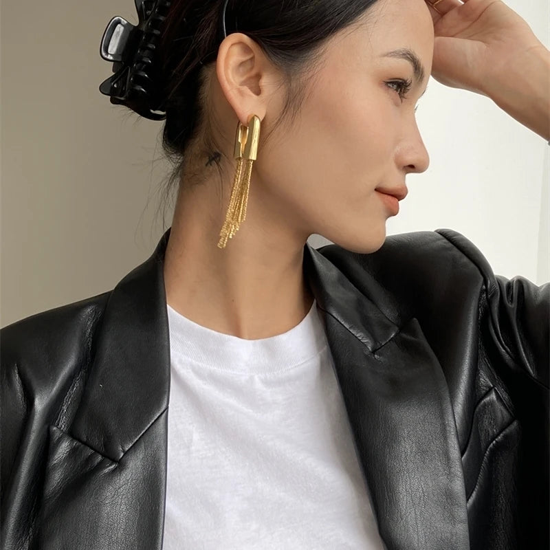 Brass With 18K Gold Long Tassel Statement Drop Earrings Women Jewelry Party T Show Gown Punk Gothic Top Runway Korean Japan