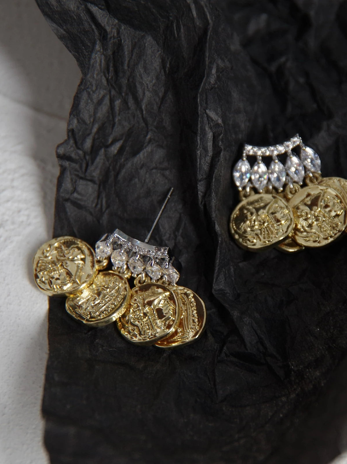 Brass With 18k Gold AAA Zircon Coins Statement Drop Earrings Women Jewelry Party T Show Gown Runway rare Korean Japan Trendy