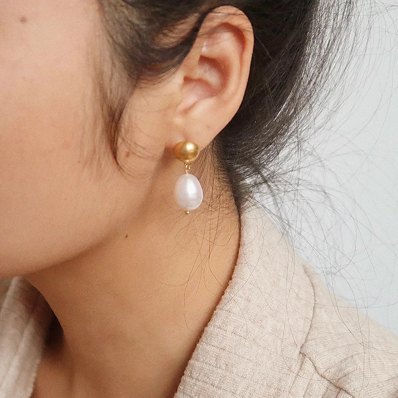 Titanium With 18k Gold Real Pearl Water Drop Earrings Women Jewelry Party T Show Gown Runway Rare Korean Japan Trendy INS Boho