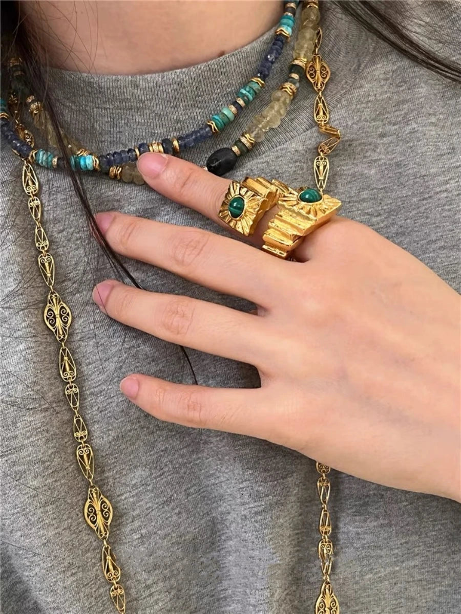 Brass With 18K Natural Stone Twist Solid Rings Women Jewelry Punk Designer Club Cocktail Party Boho Japan Korean