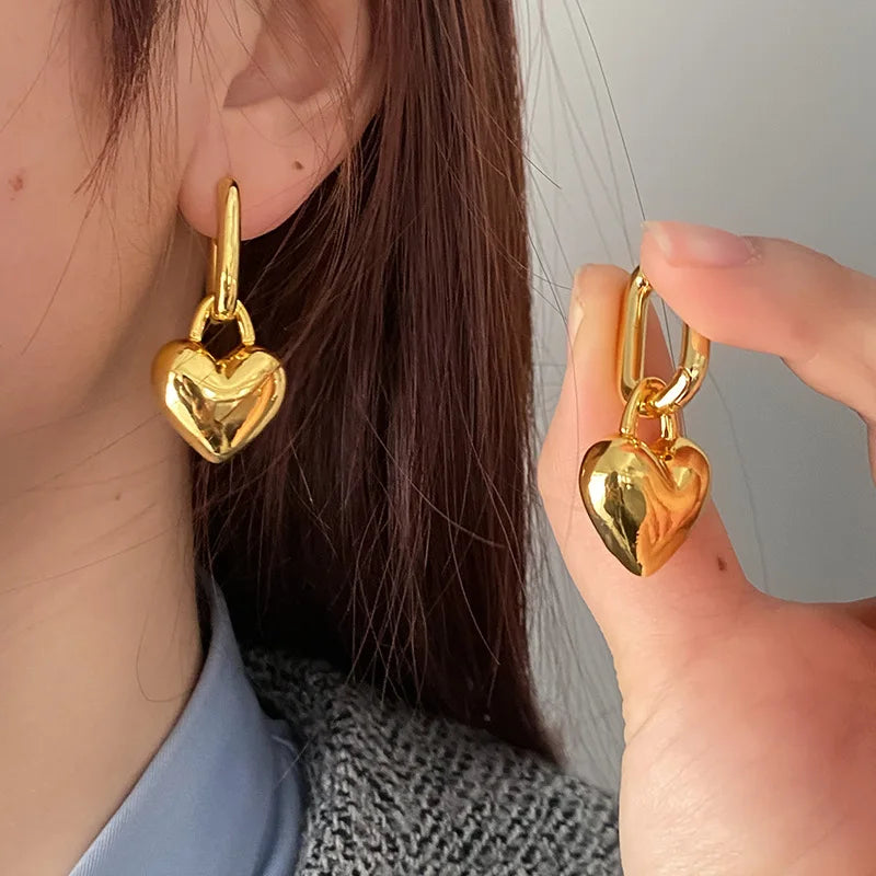 Brass Chunky Linked Heart Pendant Drop Earring Women Jewelry Punk Designer Runway Rare Simply Gown Boho Japan Korean