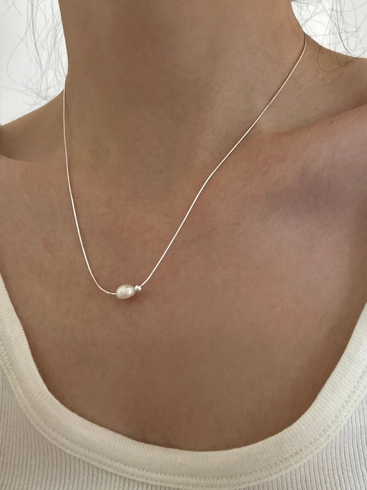 Pure 925 Sterling Silver Snake Chain Baroque Pearl Beads Necklace S925 Designer T Show Runway Gown Rare INS Japan Korean