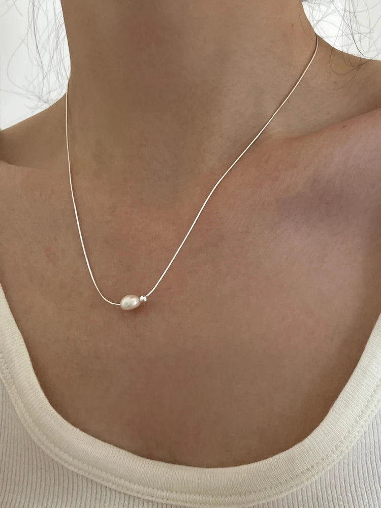 Pure 925 Sterling Silver Snake Chain Baroque Pearl Beads Necklace S925 Designer T Show Runway Gown Rare INS Japan Korean