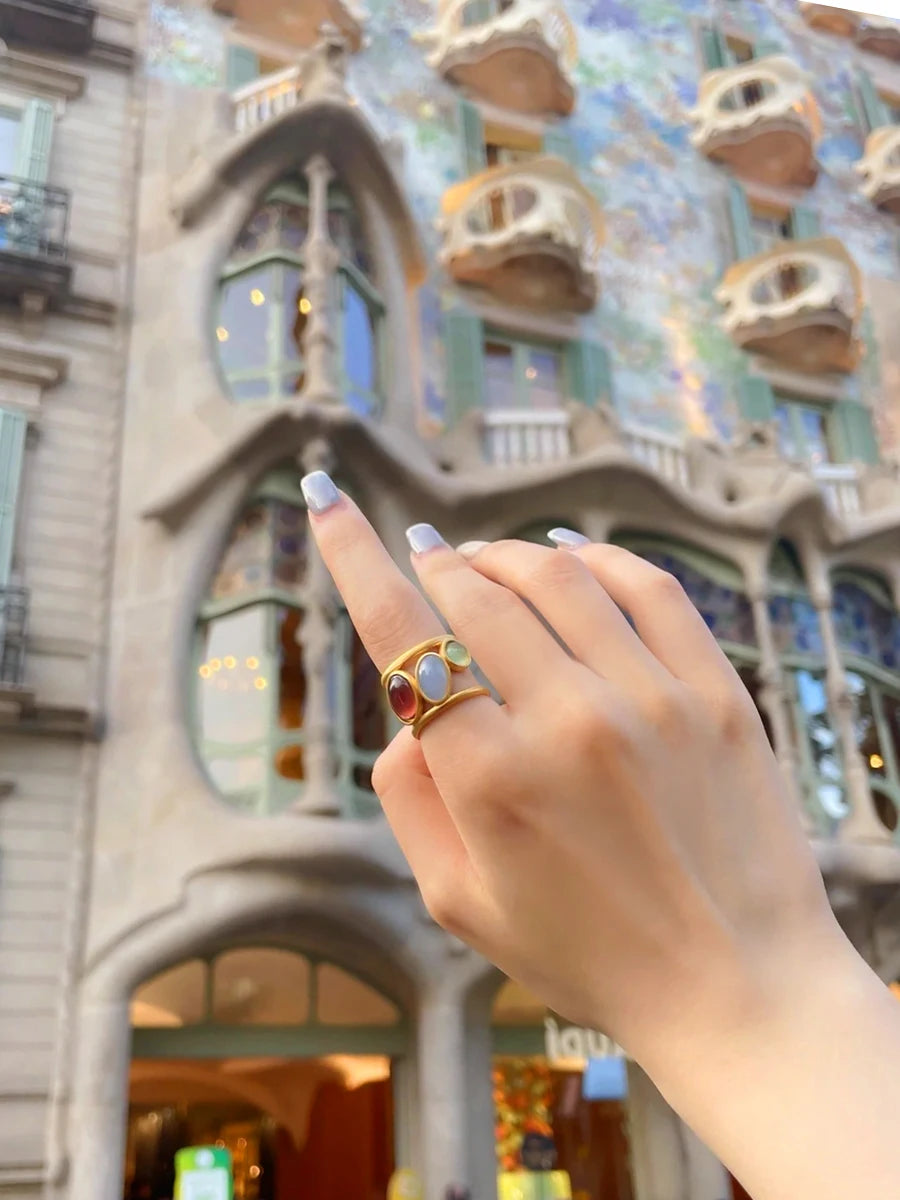 Brass Solid Colorful Stone Rings Women Jewelry Punk Boho Party Designer Club Cocktail Party Ins Rare Japan South Korean Trendy