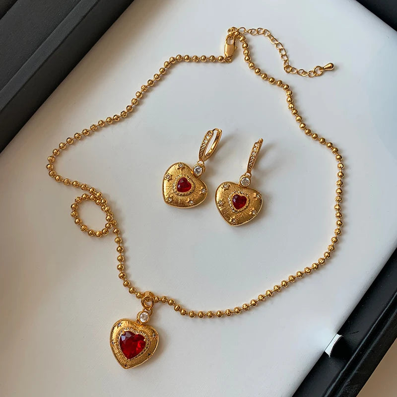 Brass With 18K Gold Rhinestoned Red Heart Earrings Women Jewelry Punk Designer Runway Rare Gown Boho Japan Korean