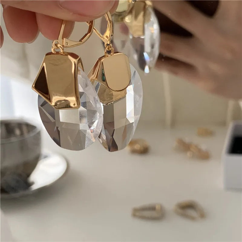 Brass With 18k Gold Statement Crystal Drop Earrings Women Jewelry Party Boho T Show Gown Runway Rare Korean Japan Trendy INS