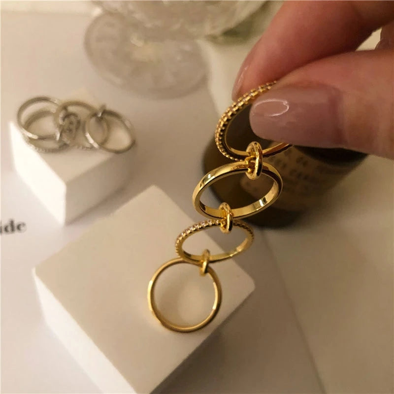 Brass AAA Zircon Pink White Blue Color Link Chain Rings Women Jewlery Designer T Show Club Cocktail Party Rare Japan Korean INS