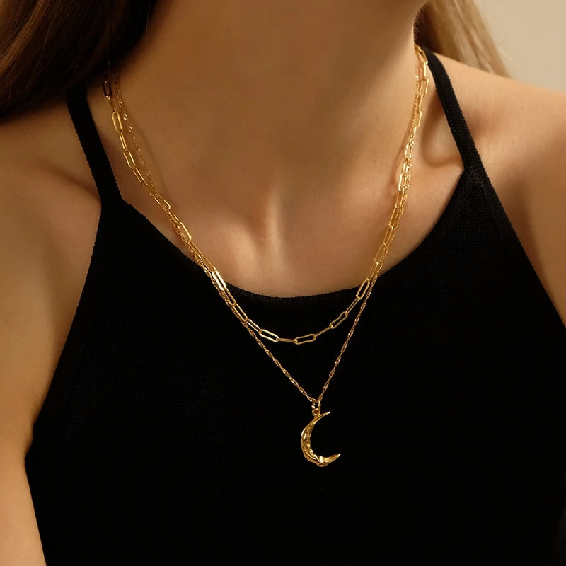 Brass With 18K Real Gold Layered Chain Moon Necklace Women Jewelry Party Designer T Show Runway INS