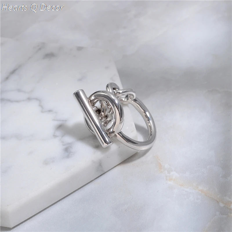 Brass Geo Buckle Chained Rings Punk Style Designer Club Cocktail Party Gown Amazing Gift Trendy Boho Korean Japan