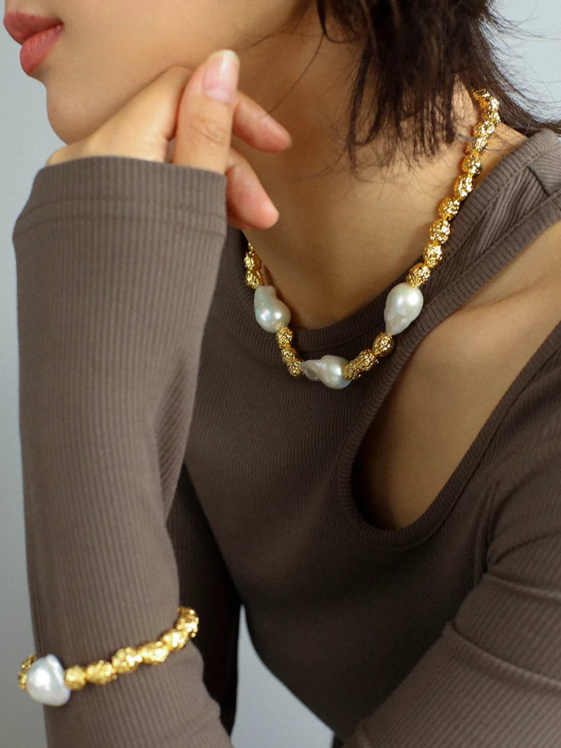 Brass With 18K Natural Baroque Pearl Beads Choker Necklace Punk Party Gown Runway rare Boucle d'oreille Korean Japan Style