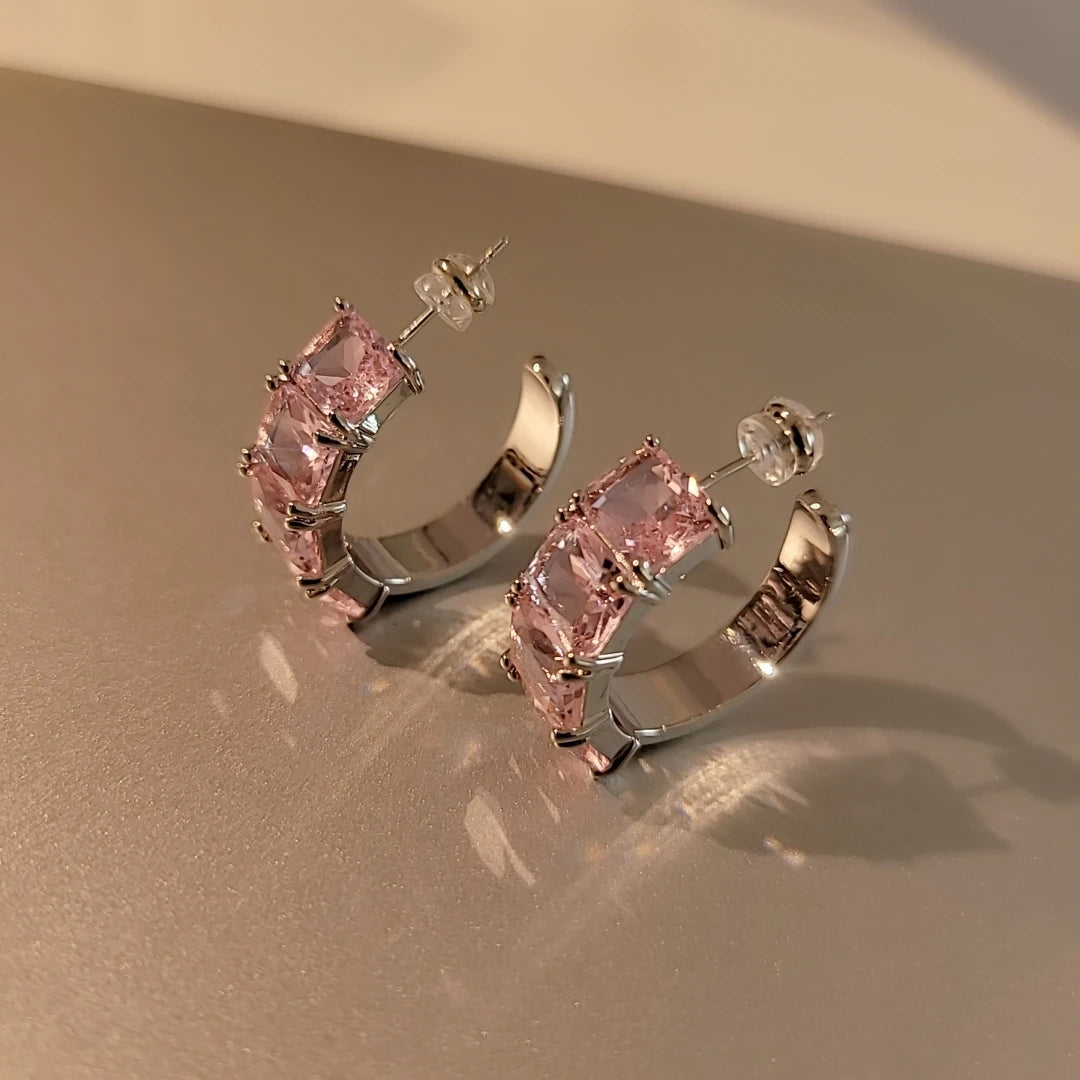 Brass Pink AAA Zircon Hoop Earrings Women Jewelry Punk Hiphop Designer Runway Rare Simply Gown Boho Top Japan Korean