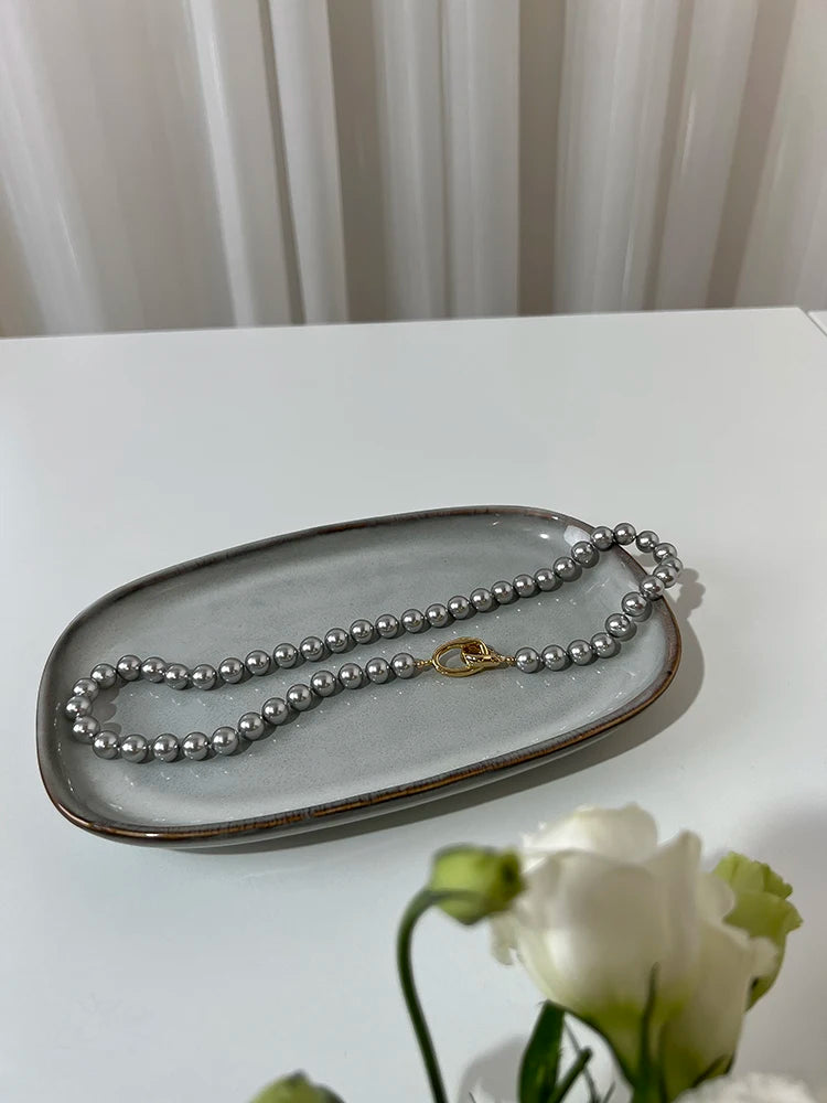 Elegance Gray Pearl Linked Necklaces Women Jewelry Punk Hiphop Designer Runway Rare Boho Top Japan Korean