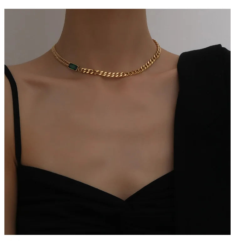 Titanium With 14K Gold Green Stone Chain Necklace Women Stainess Steel Jewelry Party Designer T Show Runway Gown Japan Korean