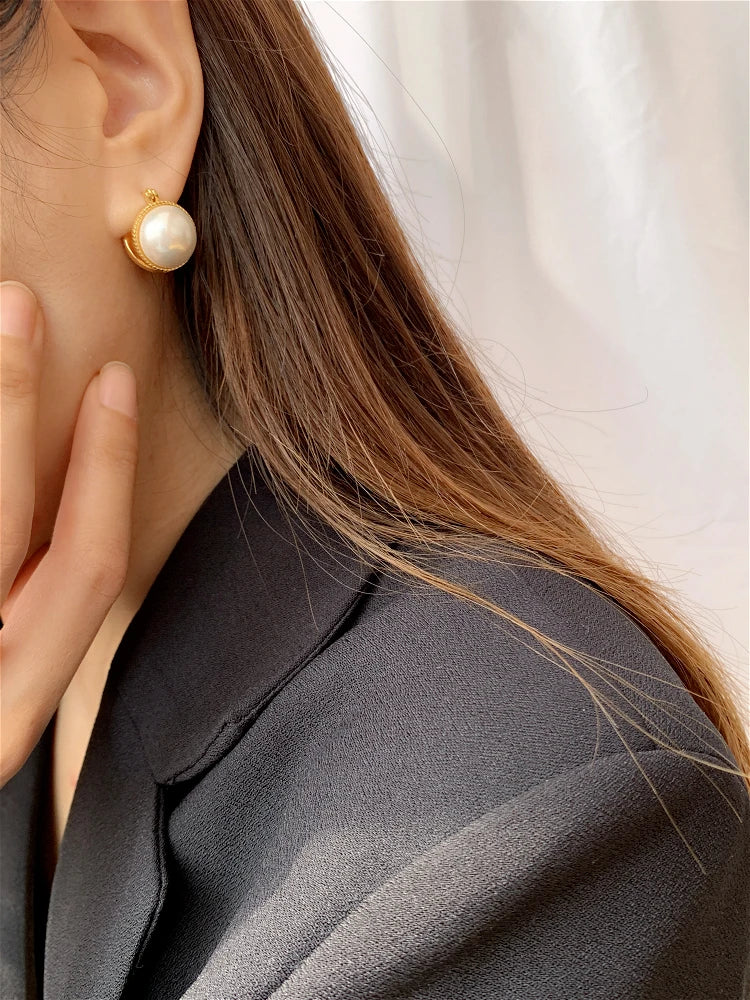 Brass With 18k Gold Double Glass Pearl Earrings Women Jewelry Party T Show Gown Runway rare Korean Japan Trendy INS