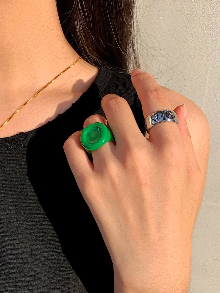 Brass With 18K Gold Solid Enamel Ring Women Jewelry Party T Show Gown Runway rare Korean Japan Trendy INS