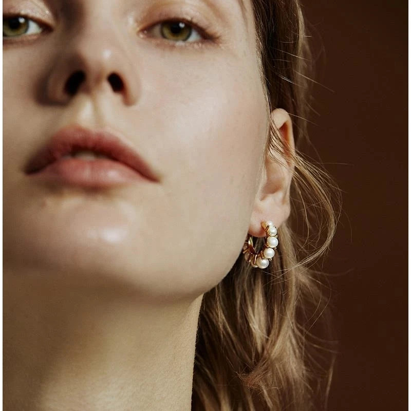 Brass With 18K Gold Faux Pearl Hoop Earrings Women Jewelry Party T Show Gown Punk Gothic Top Runway Korean Japan