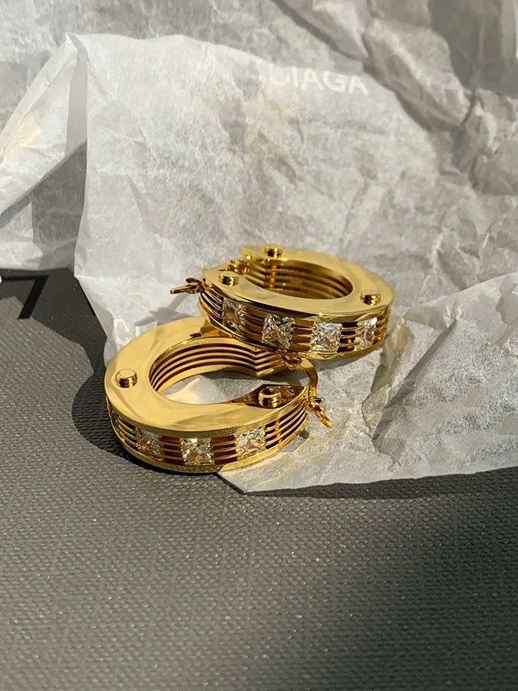 Brass With 18k Gold AAA Zircon Hoop Earrings Women Jewelry Party Boho T Show Gown Runway Rare Korean Japan Stuning