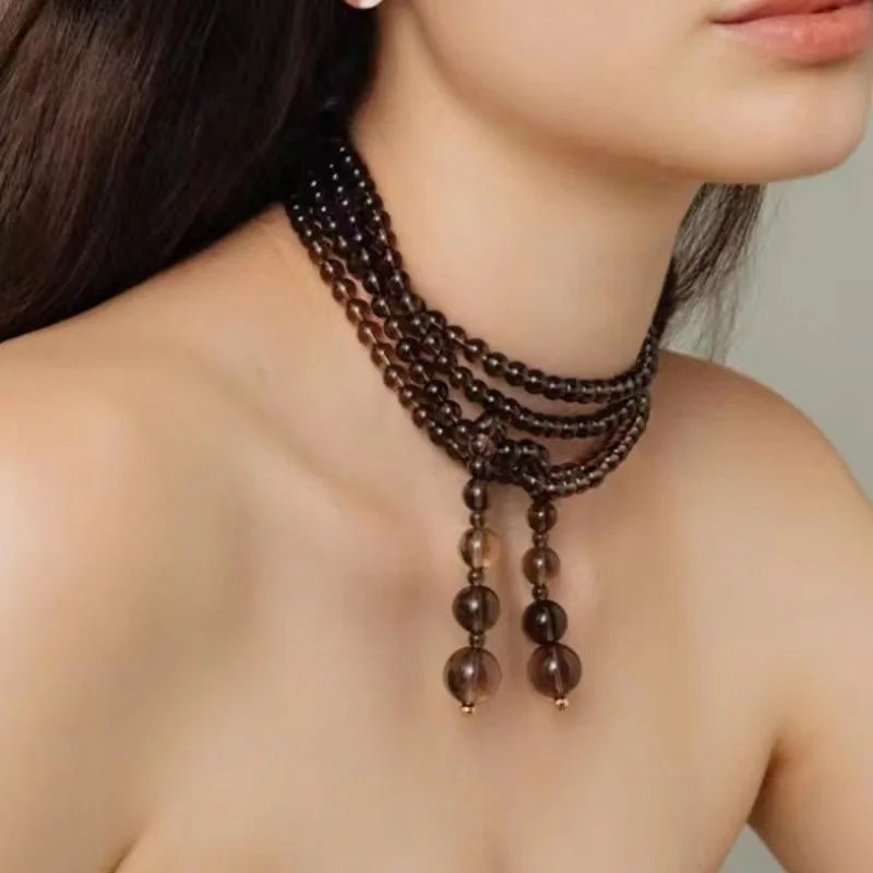 Brass With 18K Natural Crystal Beads Necklace Women Jewelry Designer T Show Runway Gown Rare Glam Japan Ins