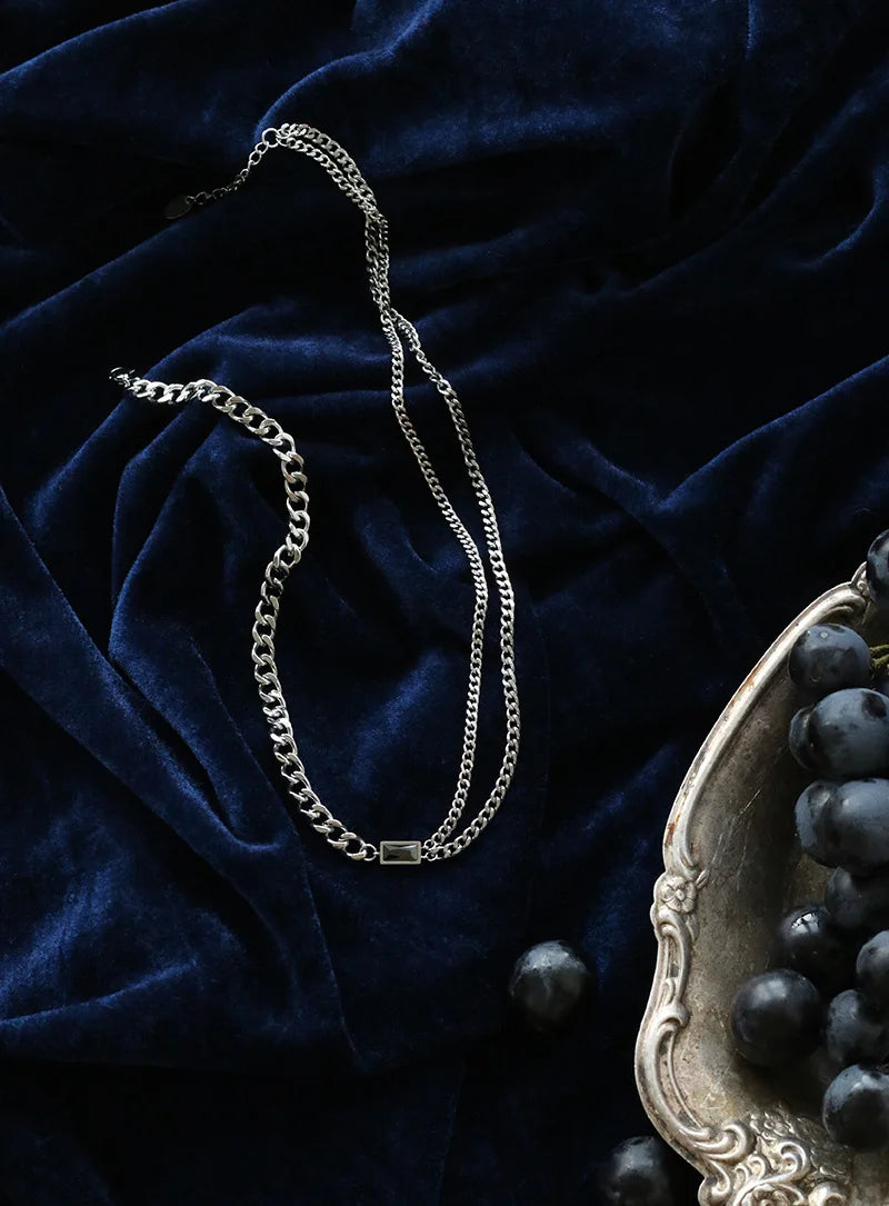 Titanium With 18 K Gold Black Zircon Double Chian Necklace Women Stainless Steel Jewelry Chic Gown Sweet Boho OL S Japan Korean
