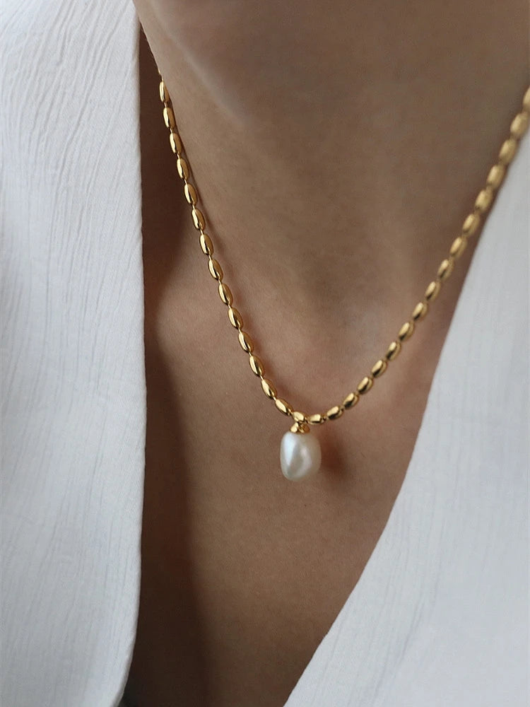 Titanium With 18K Gold Beads Chian Real Pearl Choker Necklace Designer T Show Runway Gown Rare INS Japan Korean Boho Top