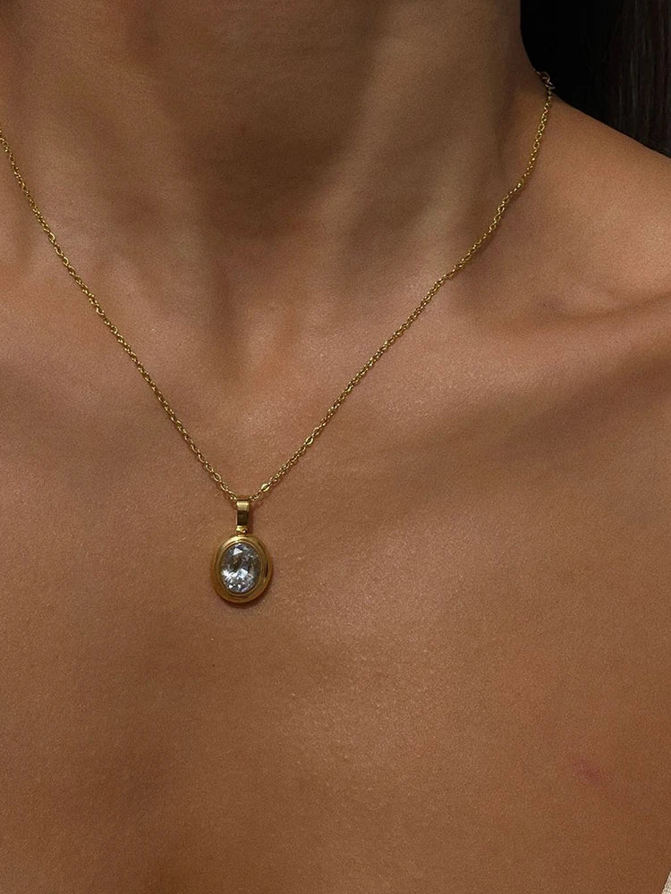 Titanium With 18K Gold Color Crystal Necklace Stainless Steel Jewelry Punk Party T Show Runway Designer Club Japan Korean