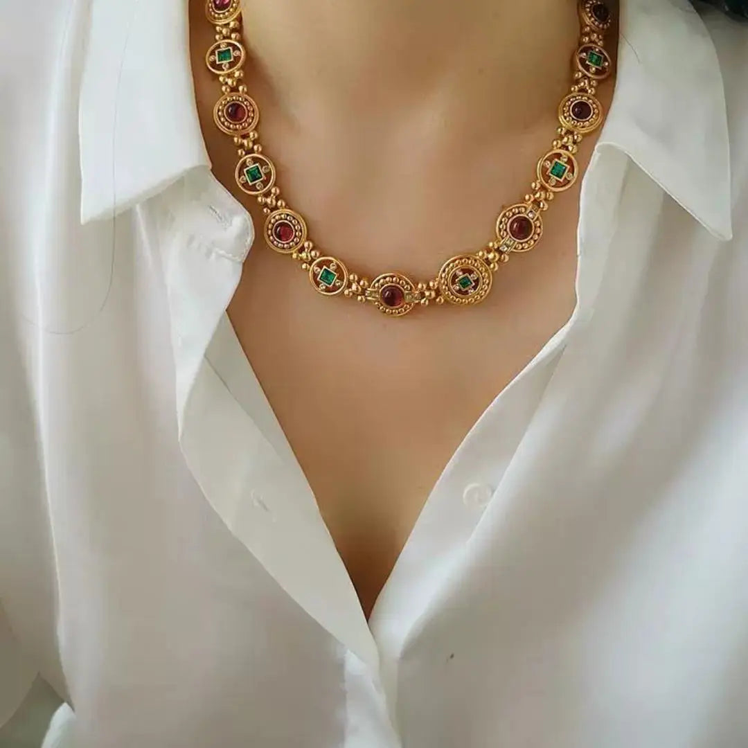 Brass Colorful Beads Rhinestoned Chunky Choker Necklace Women Jewelry Punk Designer Runway Rare Gown Boho Japan Korean