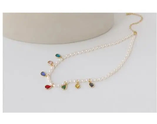 Colorful Zirconia Beads Natural Real Pearl Necklace Women Jewelry Party Designer T Show Runway Gown Japan Korean