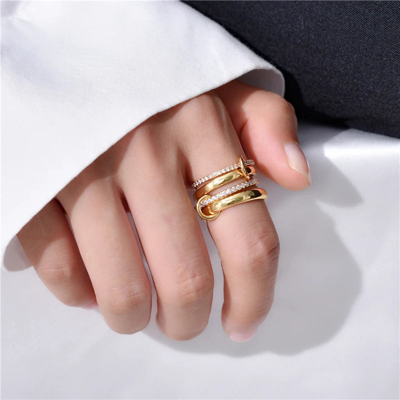 Brass  AAA Zircon Multi Color Link Chain Rings Women Jewlery Designer T Show Club Cocktail Party Rare Japan Korean INS