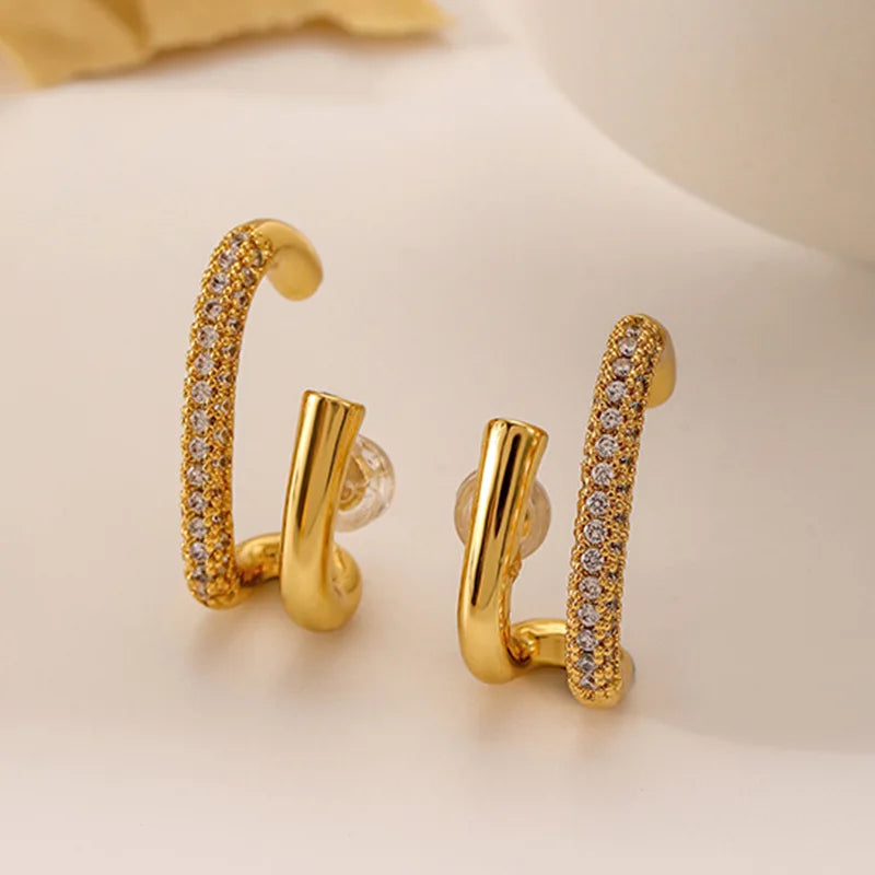 Brass With 18K Gold AAA Zircon Twist Earrings Women Jewelry Punk Party T Show Gown Runway Trendy  Korean Japan  Style INS