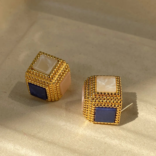Brass Vintage Geo Colorful Square Earrings Women Jewelry Party Boho T Show Gown Runway Rare Korean Japan Trendy